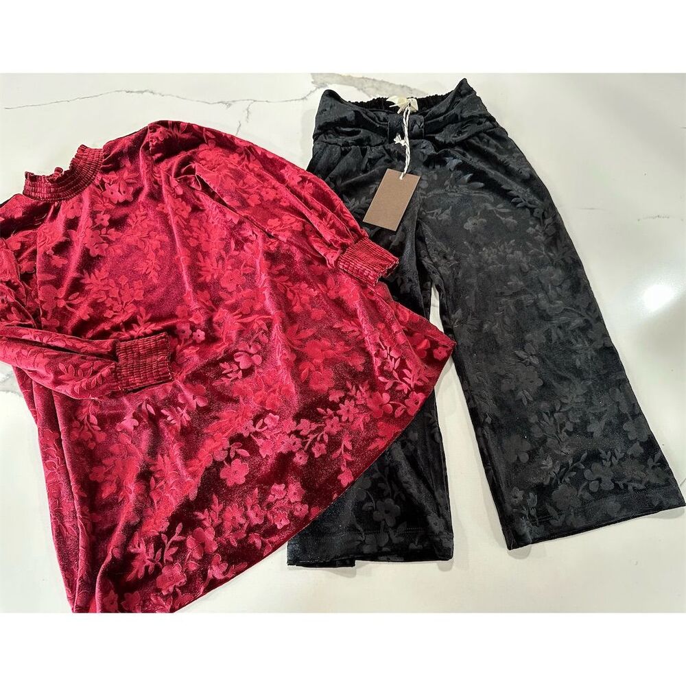 NWT Matilda Jane Girls 4 Red Floral Velvet Dress Top & Trousers Holiday Set